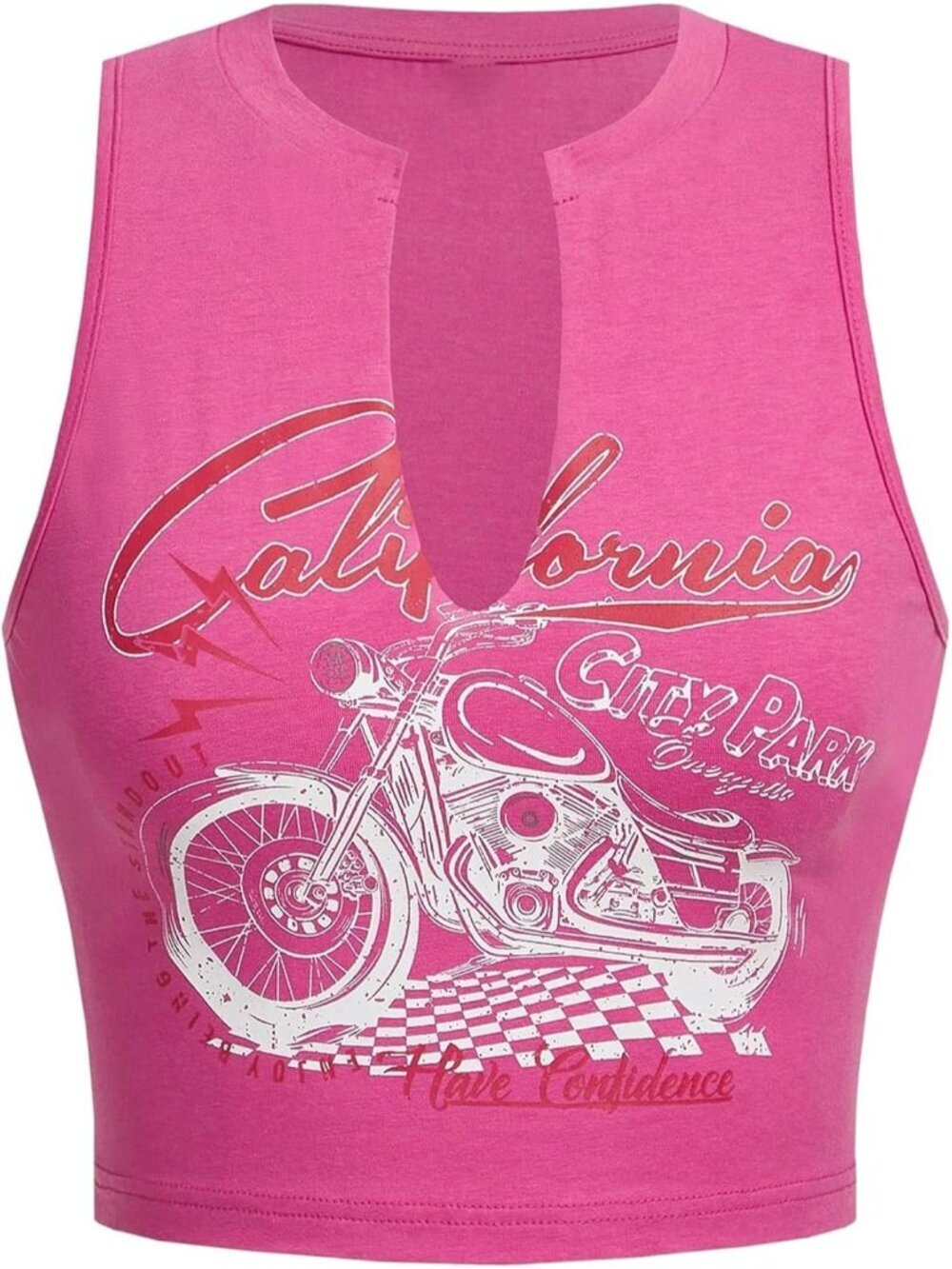 Women's Hot Pink V Neck Crop Top Y2K Trendy Notched Graphic Sleeveless Slim Fit